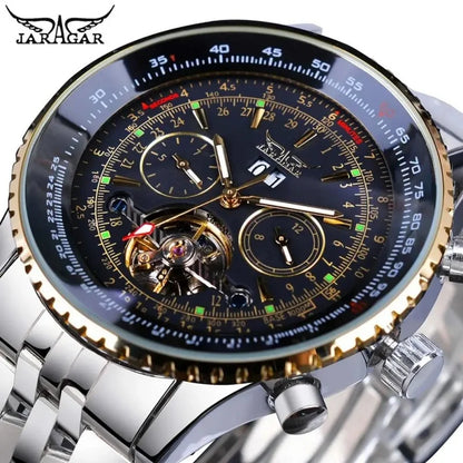 JARAGAR 034 luxe retro automatisch mechanisch horloge, tourbillon, hol skelet, roestvrij staal, weekkalender, herenhorloge
