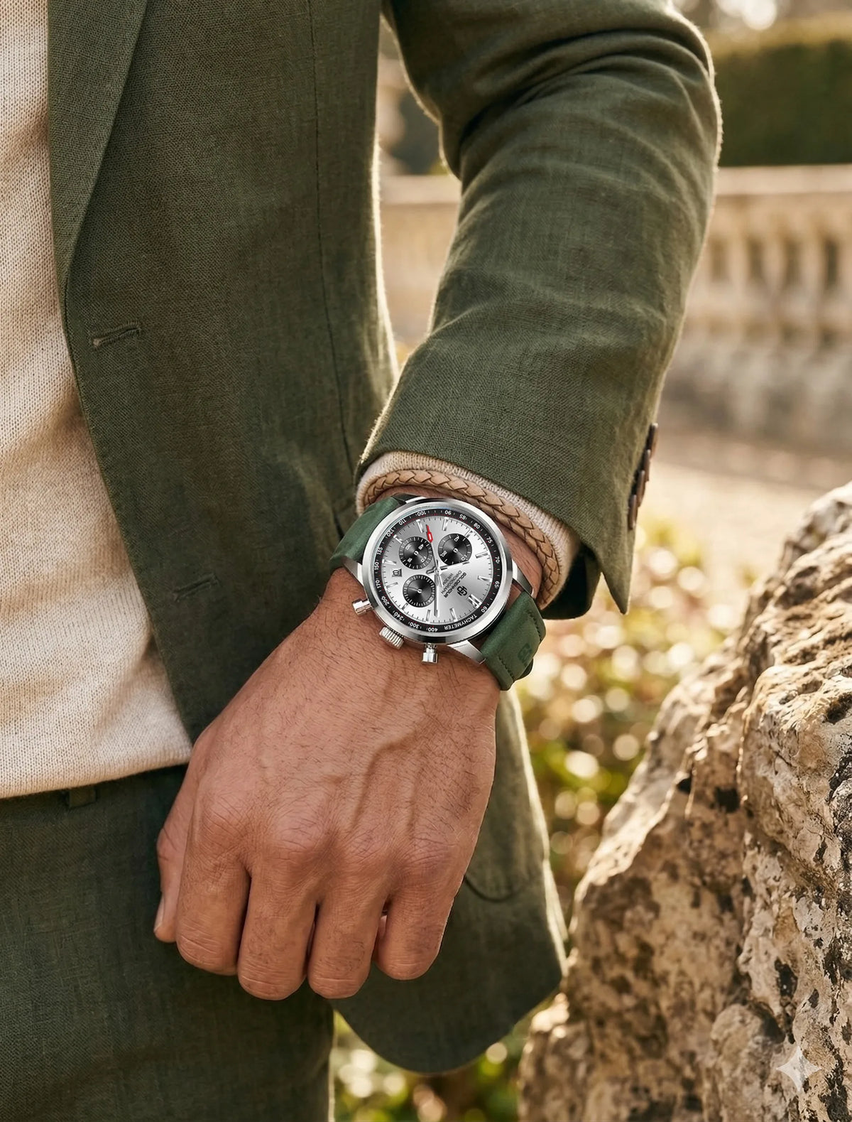 Relógio de luxo para homem GOLDENHOUR – Cronógrafo de quartzo, mostrador verde, bracelete em pele, resistente à água, luminescente, estilo militar e desportivo