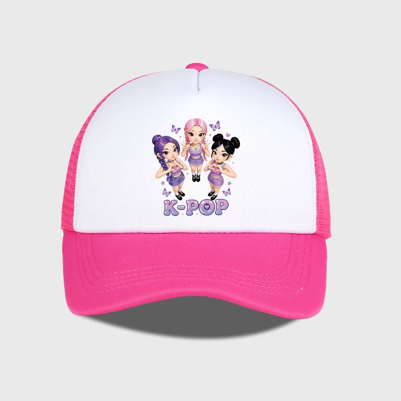K-POP Cute Cartoon Girl Group Print Sponge Mesh Cap | Unisex Adjustable Mesh Baseball Cap | Y2K K-Pop Fan Street Style Sun Hat