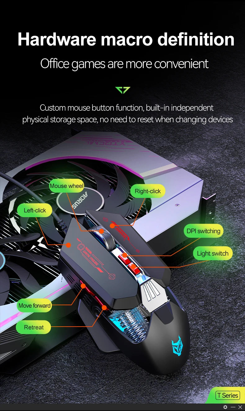 1K Hz Gaming Mouse Wired APAYADO T4 RGB Mouse with Ultra-light Cord 60IPS, 12800DPI for Laptop/Computer