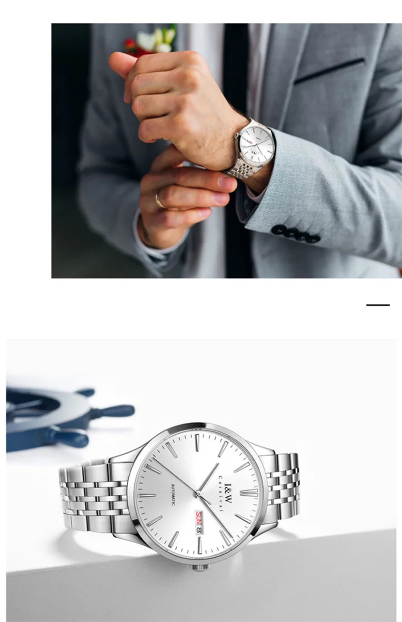Carnival High-end Series I&W Brand Automatické mechanické hodinky Pánske vodotesné hodinky Oceľ 316L Safír Pánske hodinky na biznis