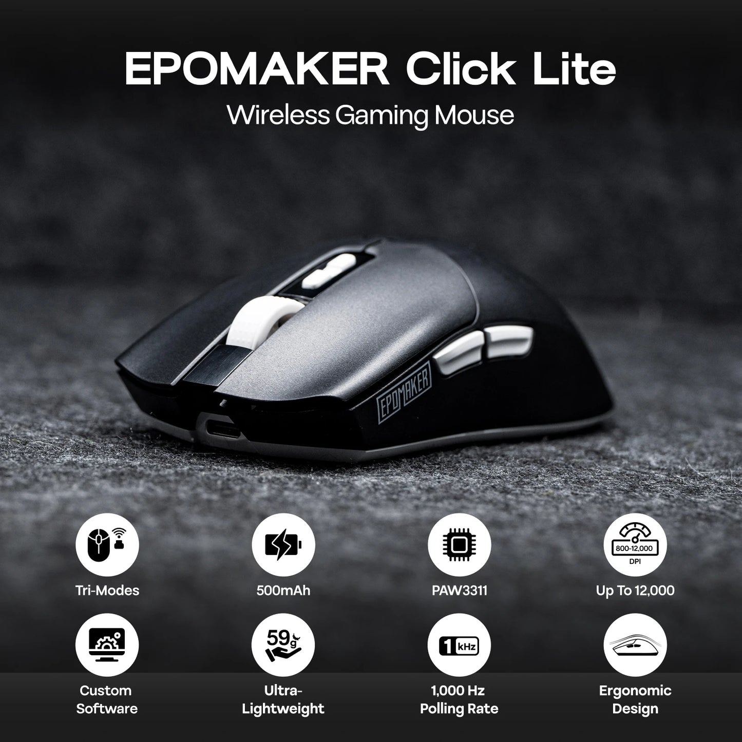 EPOMAKER Click Lite Wired/BT/2.4GHz Wireless Gaming Mouse, PAW3311 Sensor, 800 to 24000 DPI with 500mAh Battery for PC/Mac/Linux