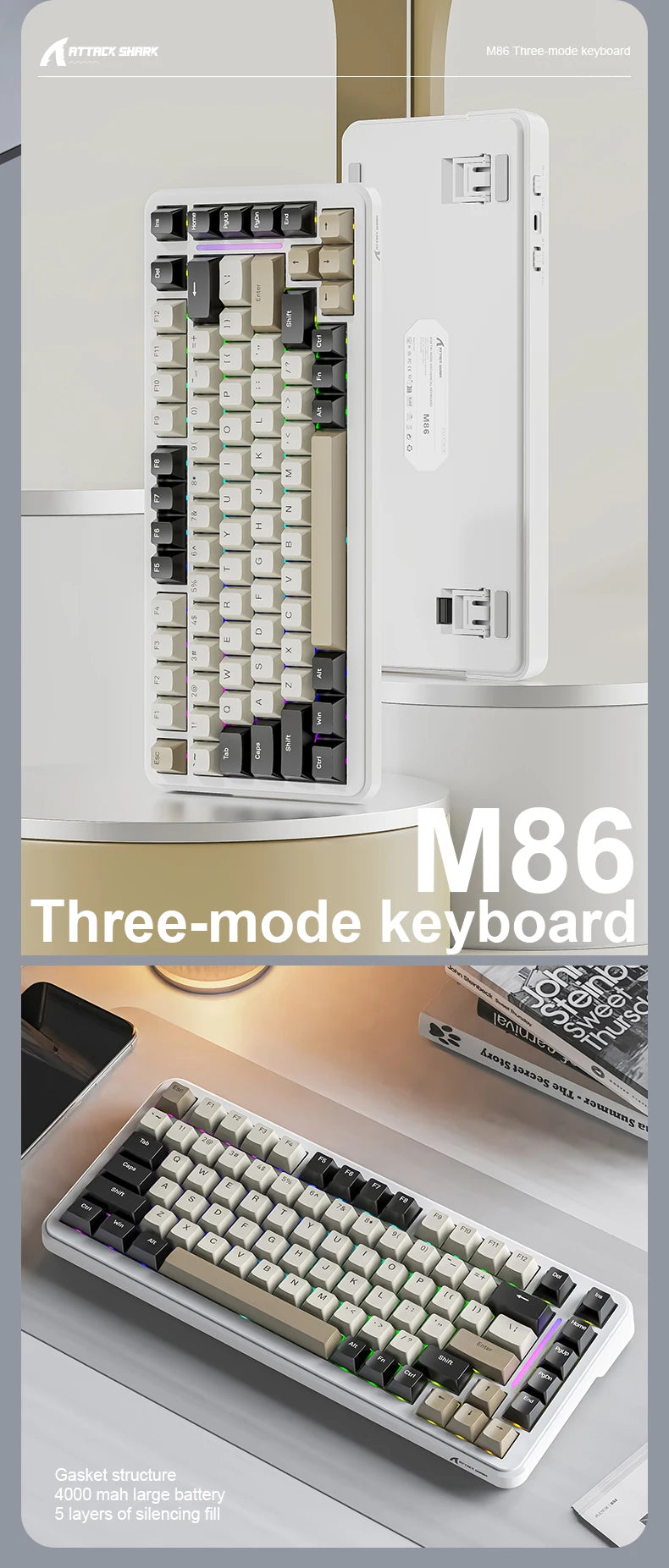 ATTACK SHARK M86 Wireless Mechanical Keyboard 75% Tri-Mode RGB Hot-Swappable Mechanical Keyboard with Side-Printed PBT Keycaps & 4000mAh Battery