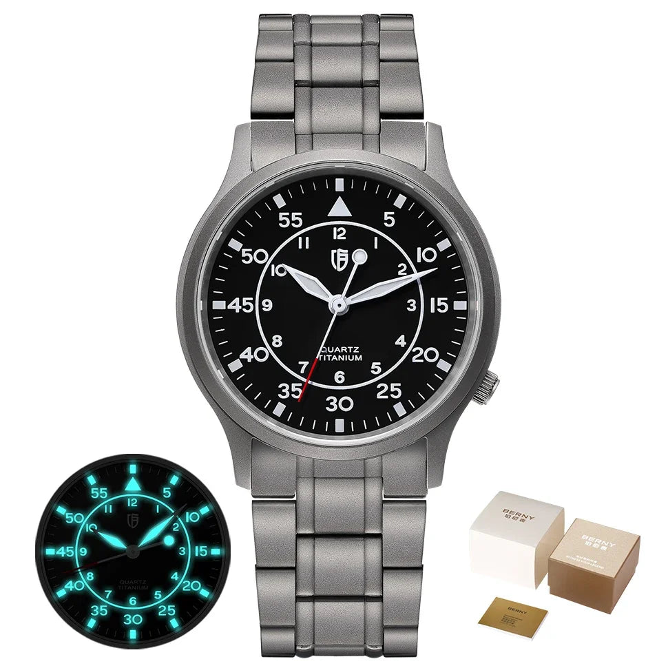 BERNY Titanium herenhorloge met kwartsmechanisme, AR-coating, saffierglas, modieus polshorloge, lichtgevend, VH31, ultradun polshorloge, waterdicht tot 5 ATM