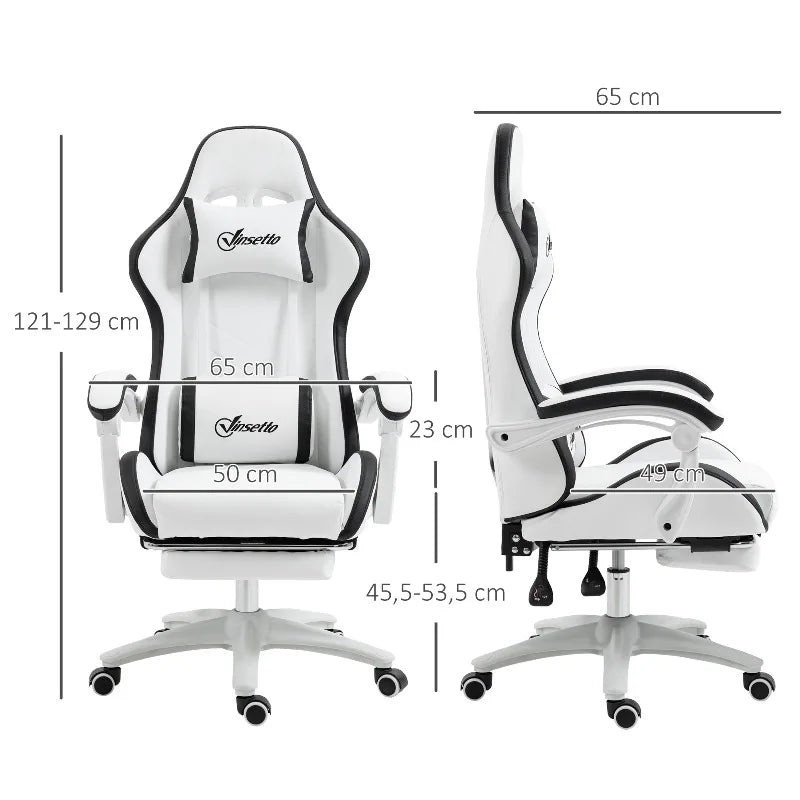 Leather Gaming Chair 135° Reclining with Retractable 360° Swivel Height Ergonomic White Contrast Edge Office Chair 120KG Capacity