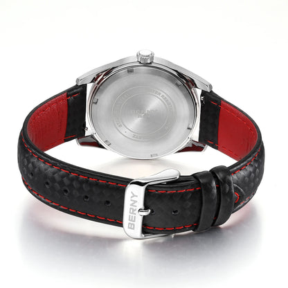 Montre pour homme BERNY – Montre à quartz élégante et classique, étanche à 10 ATM, dotée d'un verre saphir et d'aiguilles luminescentes, idéale pour une tenue habillée ou professionnelle, avec bracelet en cuir.