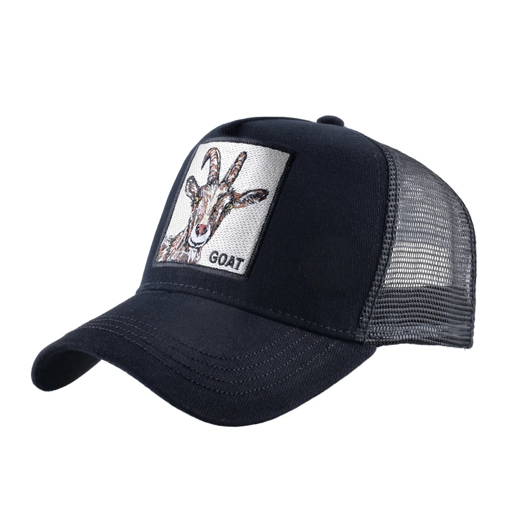 Cappellino trucker fashion con patch ricamata con capra, snapback da baseball quattro stagioni per uomo e donna, cappello con visiera regolabile