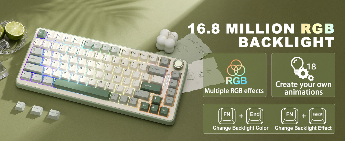 YUNZII B75 PRO Green Mechanical Gaming Keyboard, Gasket 75 Knob RGB Keyboard, BT/Wired/Wireless  Hot-Swap Custom Creamy Keyboard