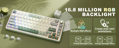 YUNZII B75 PRO Green Mechanical Gaming Keyboard, Gasket 75 Knob RGB Keyboard, BT/Wired/Wireless  Hot-Swap Custom Creamy Keyboard