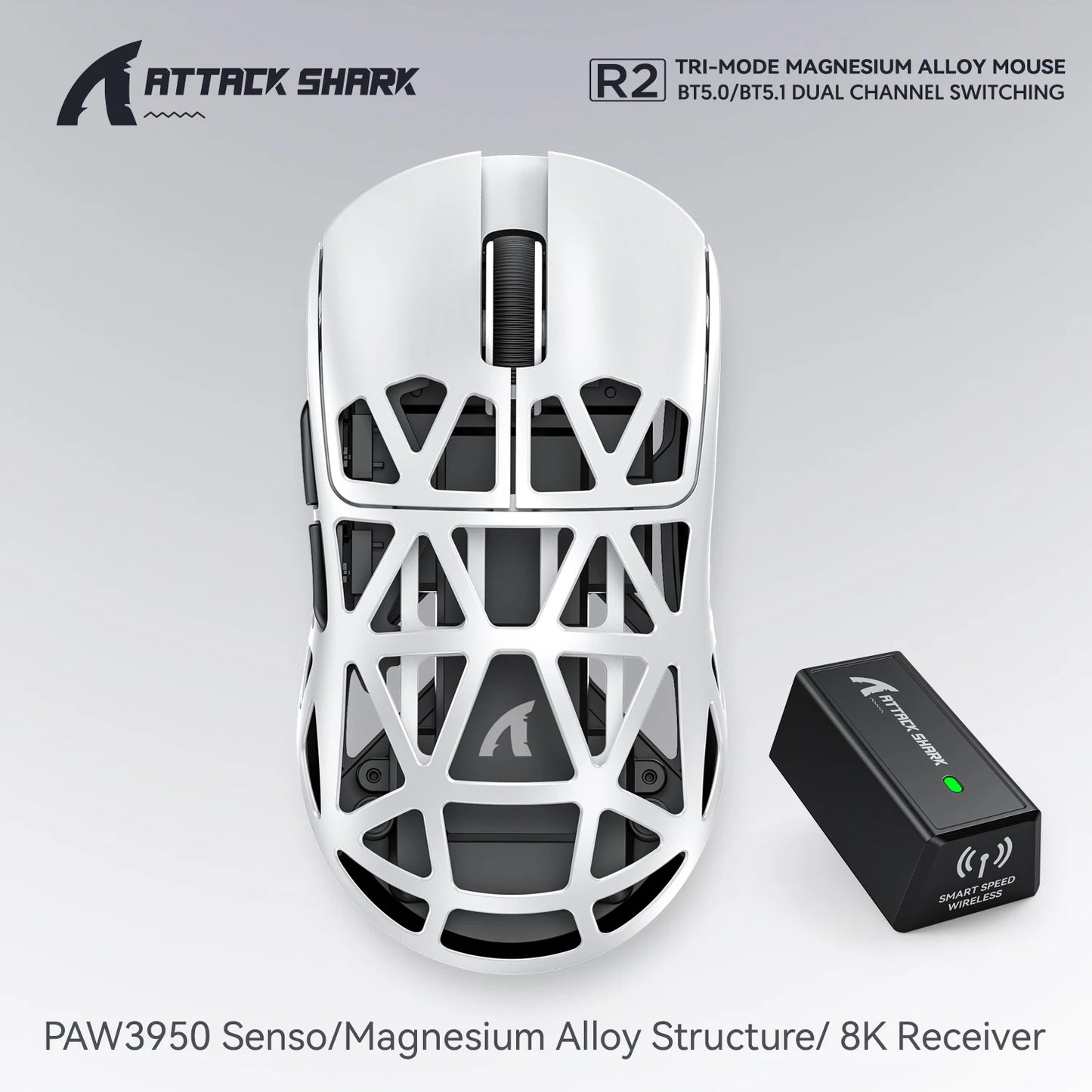 Attack Shark R2 bežični gaming miš PAW3950 8K od magnezijeve legure, lagani gaming miš s Bluetooth tri-mode povezivanjem za gaming/ured