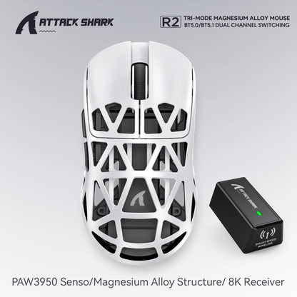 Attack Shark R2 bežični gaming miš PAW3950 8K od magnezijeve legure, lagani gaming miš s Bluetooth tri-mode povezivanjem za gaming/ured