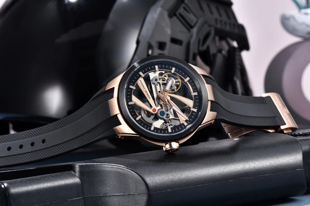 Ανδρικό ρολόι PAGANI DESIGN – Πολυτελές αυτόματο μηχανικό μοντέλο, τύπου «σκελετού» (με ανοιχτή καρδιά), εξοπλισμένο με τουρμπιγιόν, ζαφειρένιο κρύσταλλο με αντιανακλαστική επίστρωση, αδιάβροχο και φωταυγές.