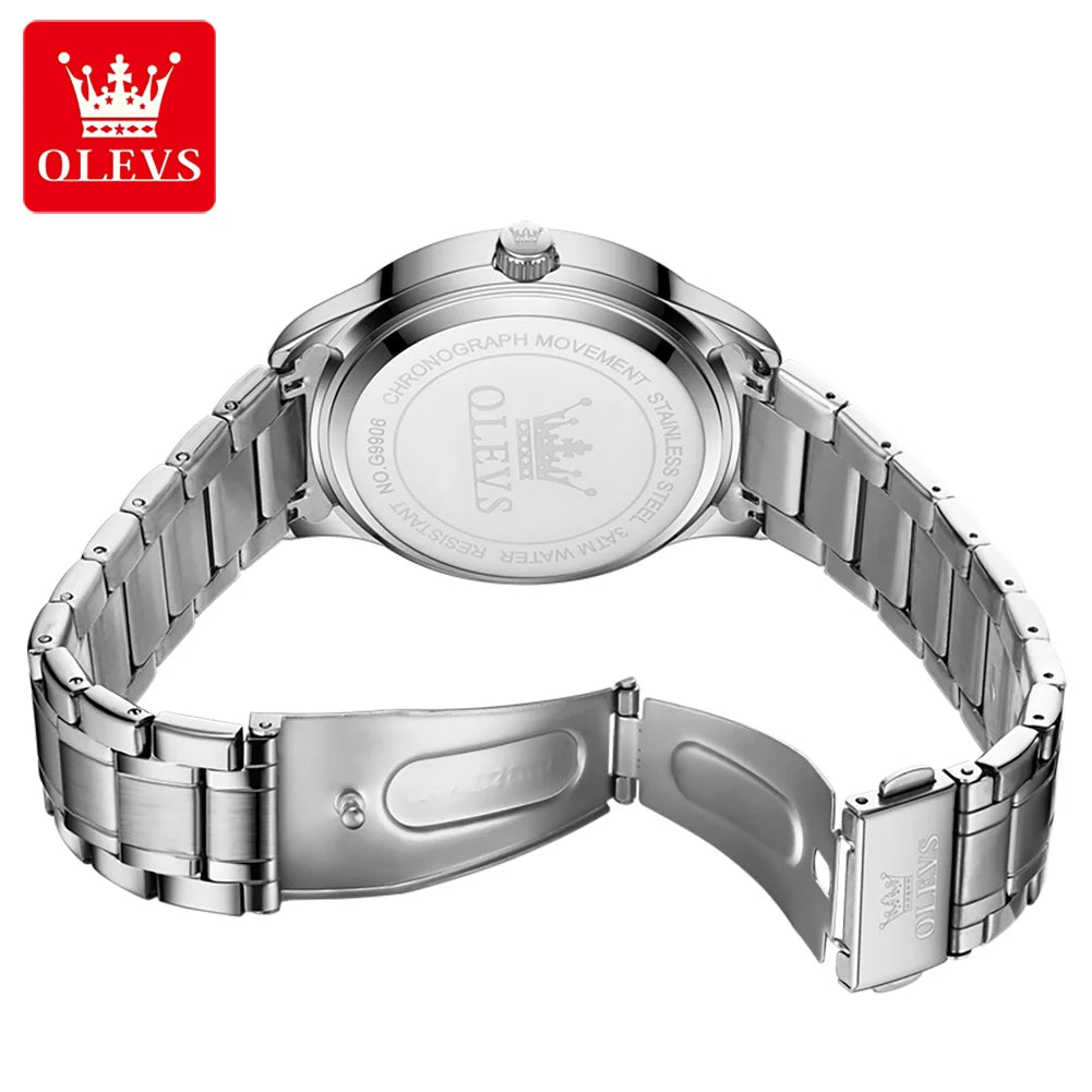 OLEVS 9906 men’s quartz watch, square model set with diamonds, stainless steel strap, water-resistant, with dual calendar; a luxury, original wristwatch, ideal for the workplace.