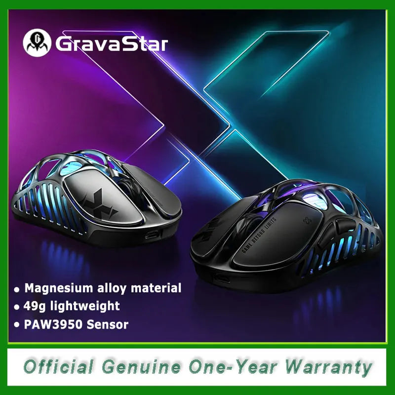 GravaStar Mercury X Wireless Gaming Mouse – 32,000 DPI PAW 3950 Sensor, 1000Hz Polling Rate, Only 49g, Magnesium Alloy Hollow Frame