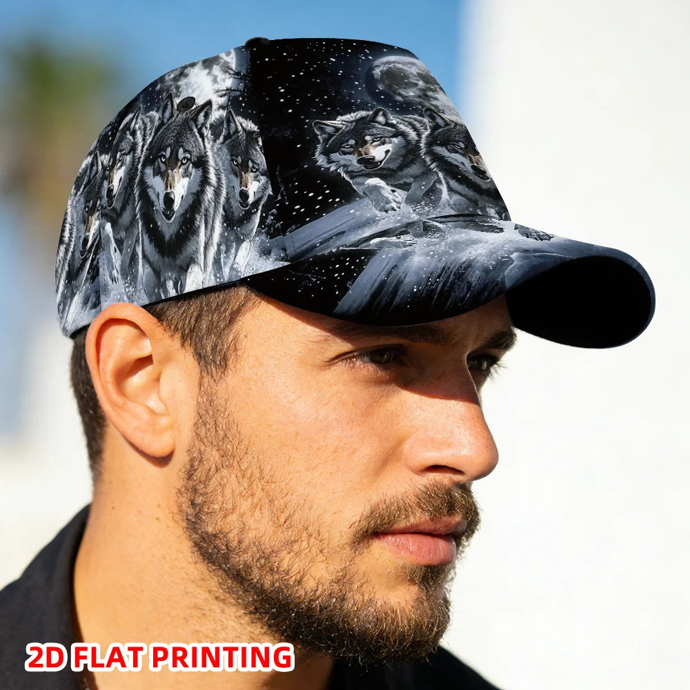Casquette de baseball classique ornée d’un imprimé plat en 2D représentant des loups sous la pleine lune – casquette légère et ajustable à visière en bec de canard