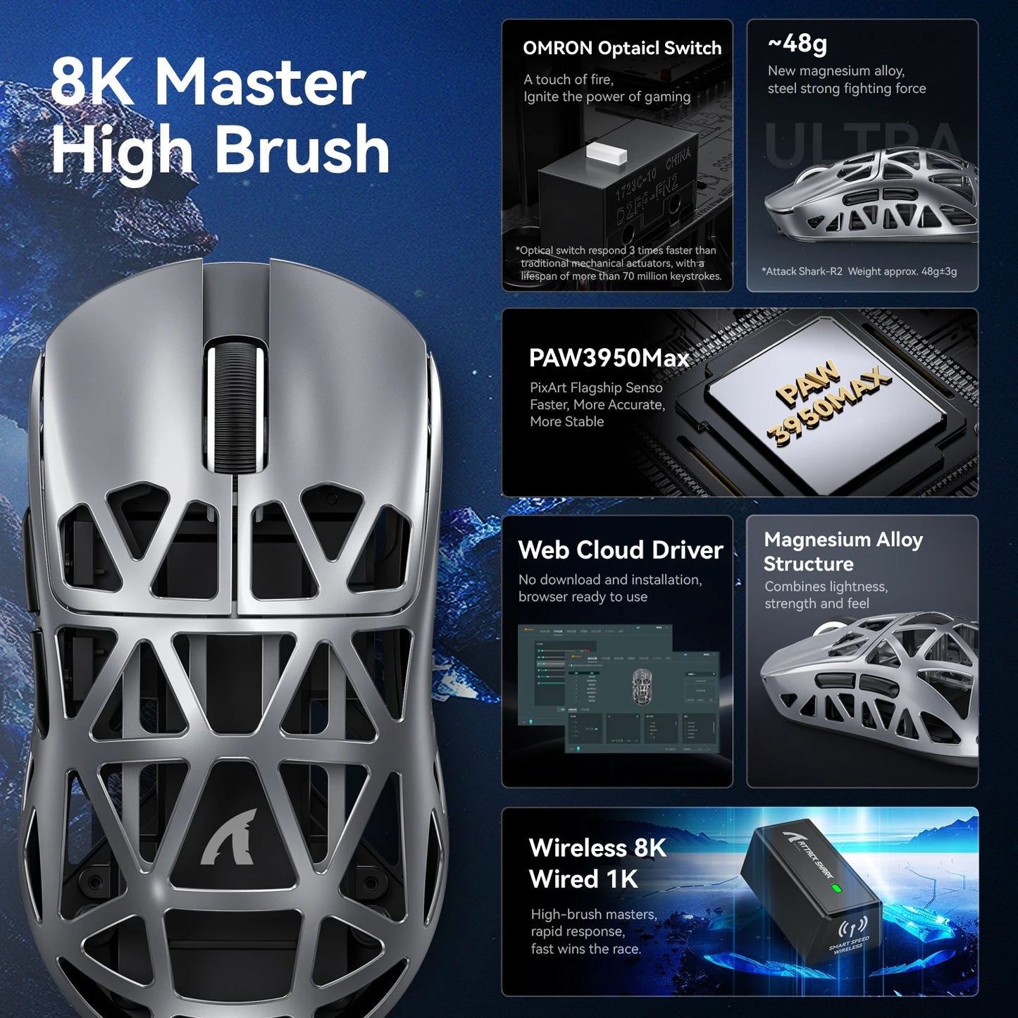 Attack Shark R2 bežični gaming miš PAW3950 8K od magnezijeve legure, lagani gaming miš s Bluetooth tri-mode povezivanjem za gaming/ured