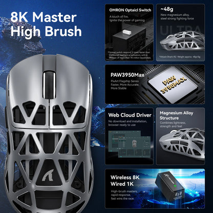 Attack Shark R2 bežični gaming miš PAW3950 8K od magnezijeve legure, lagani gaming miš s Bluetooth tri-mode povezivanjem za gaming/ured