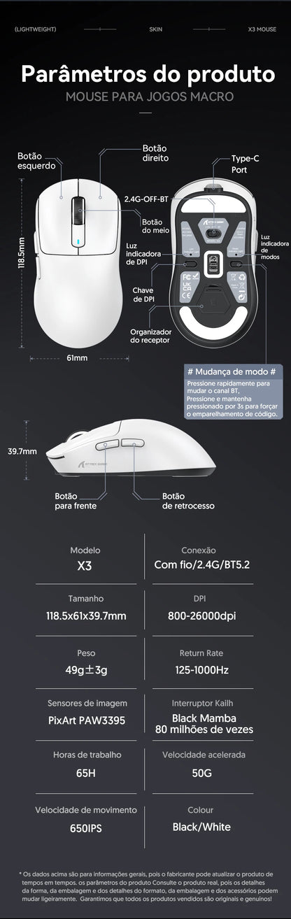Atack Shark X3 PAW3395 Mouse Lightweight Wireless Gaming Mouse, Tri-Mode Mouse, 26K DPI PAW3395, PC/Laptop/Win/Mac