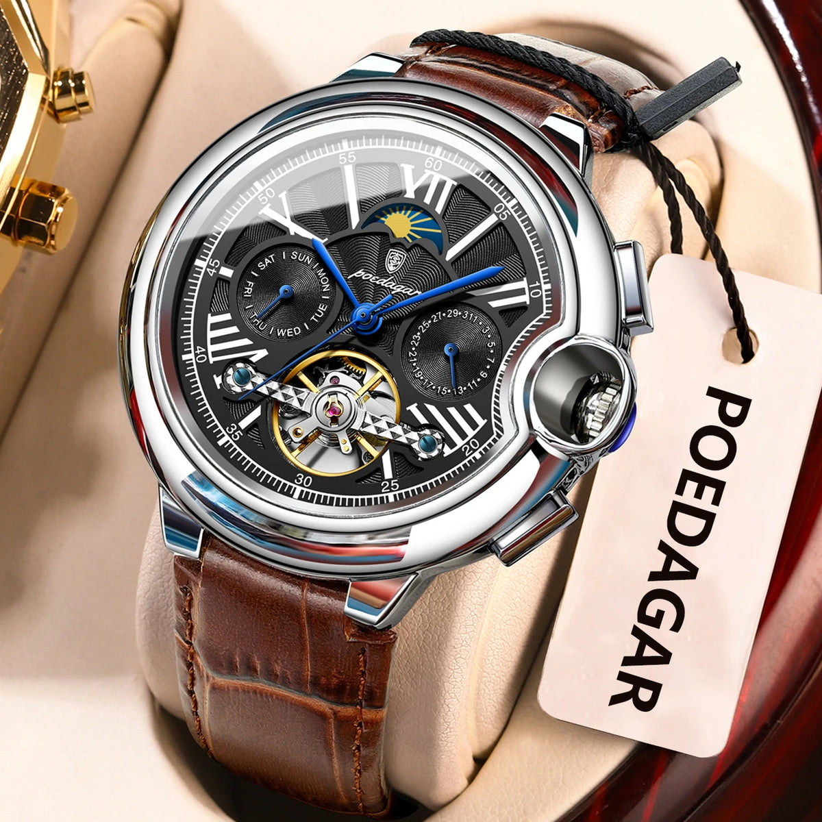 Orologio da uomo POEDAGAR, in stile lussuoso e professionale, con indicazione della data e del giorno, tourbillon, cassa in acciaio inossidabile, movimento meccanico a carica automatica e impermeabilità.