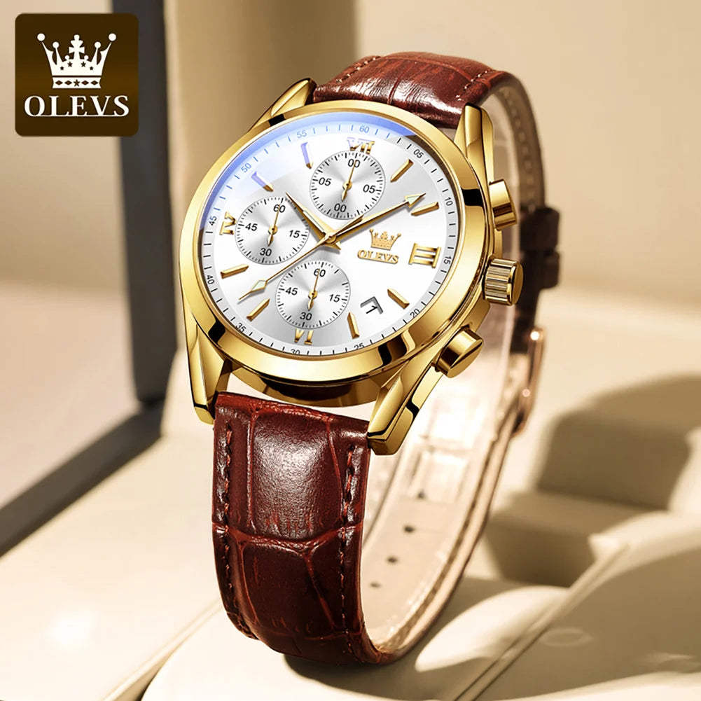 Orologio da polso cronografo da uomo OLEVS 2872 – Cinturino in pelle, impermeabile, lancette luminescenti, movimento al quarzo, stile sportivo di lusso