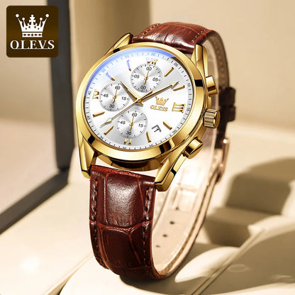 Orologio da polso cronografo da uomo OLEVS 2872 – Cinturino in pelle, impermeabile, lancette luminescenti, movimento al quarzo, stile sportivo di lusso
