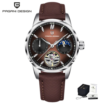 PAGANI DESIGN – Mekanisk luksusur til mænd, 41 mm, safirglas, læderrem, vandtæt, pilotstil, med tourbillon og månefase