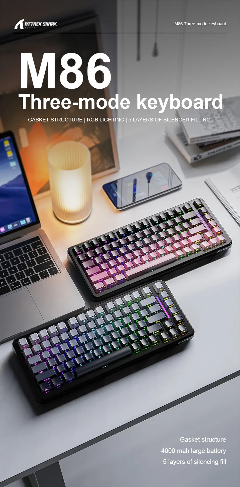 ATTACK SHARK M86 Wireless Mechanical Keyboard 75% Tri-Mode RGB Hot-Swappable Mechanical Keyboard with Side-Printed PBT Keycaps & 4000mAh Battery
