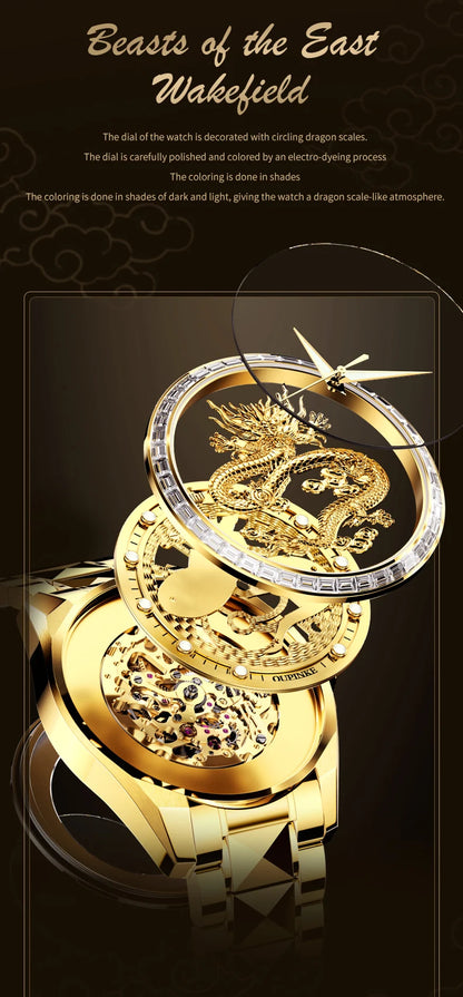 OUPINKE Men's Watches Top Brand Luxury Gold Tungsten Steel Original Automatic Mechanical Wristwatch Featured Dragon Pattern Dial