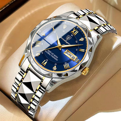 Męski zegarek POEDAGAR Business Luxury, wodoodporny, ze stali nierdzewnej, z podświetleniem, z datownikiem i wskaźnikiem dnia tygodnia, w stylu sportowym, na mechanizmie kwarcowym.