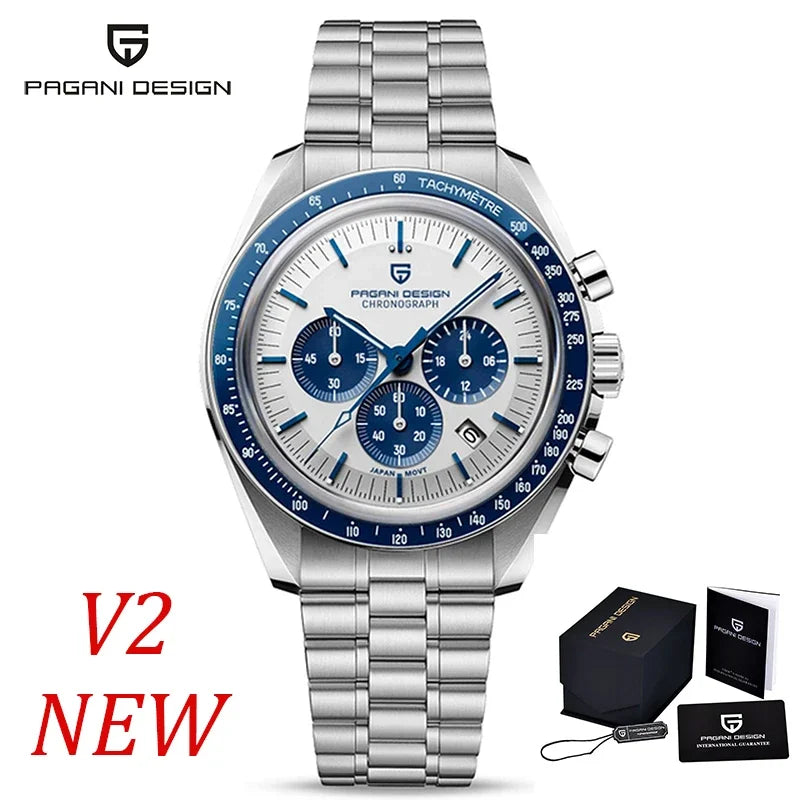Montre pour homme PAGANI DESIGN « New Moon » – Montre à quartz de luxe, chronographe, verre saphir avec traitement antireflet, lunette en céramique, aiguilles luminescentes