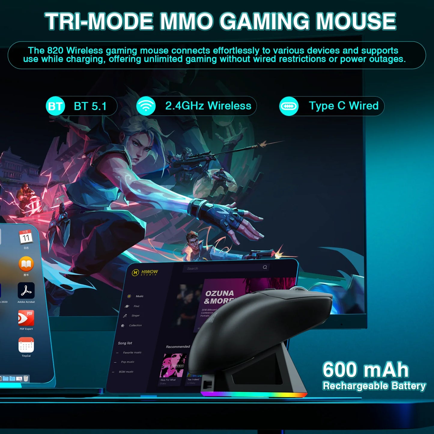 Mouse gaming wireless SOLAKAKA SM820 tri-mode, dock magnetic reîncărcabil, RGB, PAW3311, 24000DPI, macro, ultra-ușor