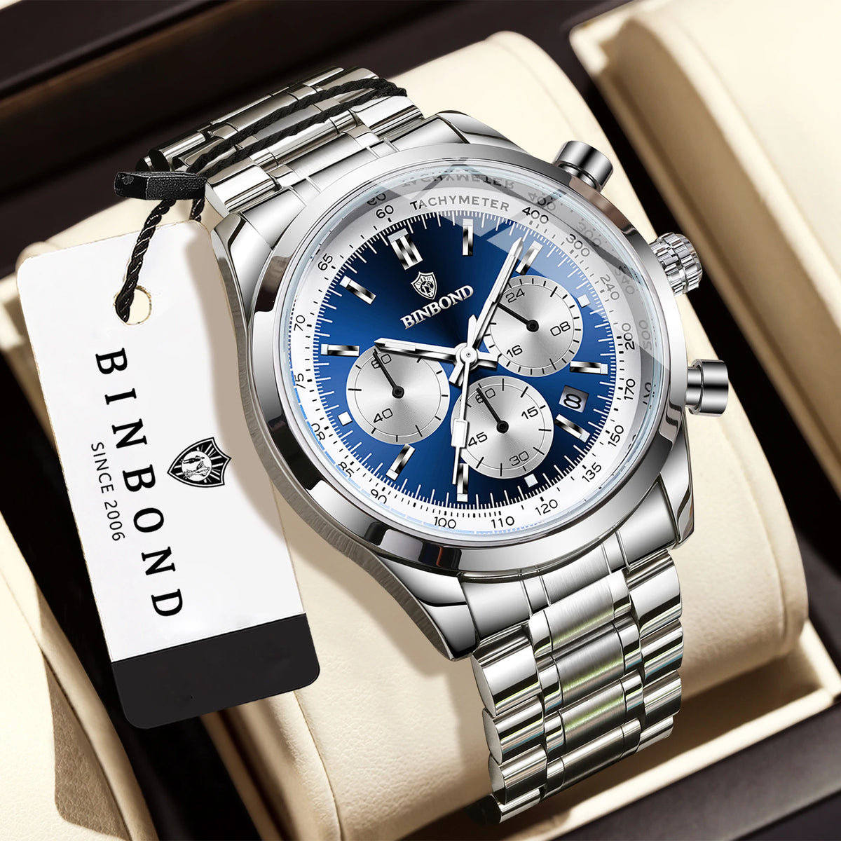 Reloj de cuarzo BINBOND para hombre, elegante, resistente y preciso, con fecha automática, cronógrafo, luminiscente y hermético. Estilo informal.