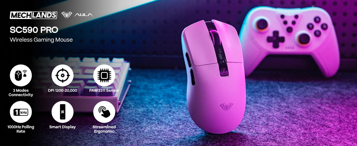 AULA SC590 PRO Wireless Gaming Mouse, Tri-Mode Bluetooth, 2.4GHz & Wired Gaming Mouse, 20000 DPI PAW3311 Sensor, 1000Hz Polling Rate RGB Gaming Mouse