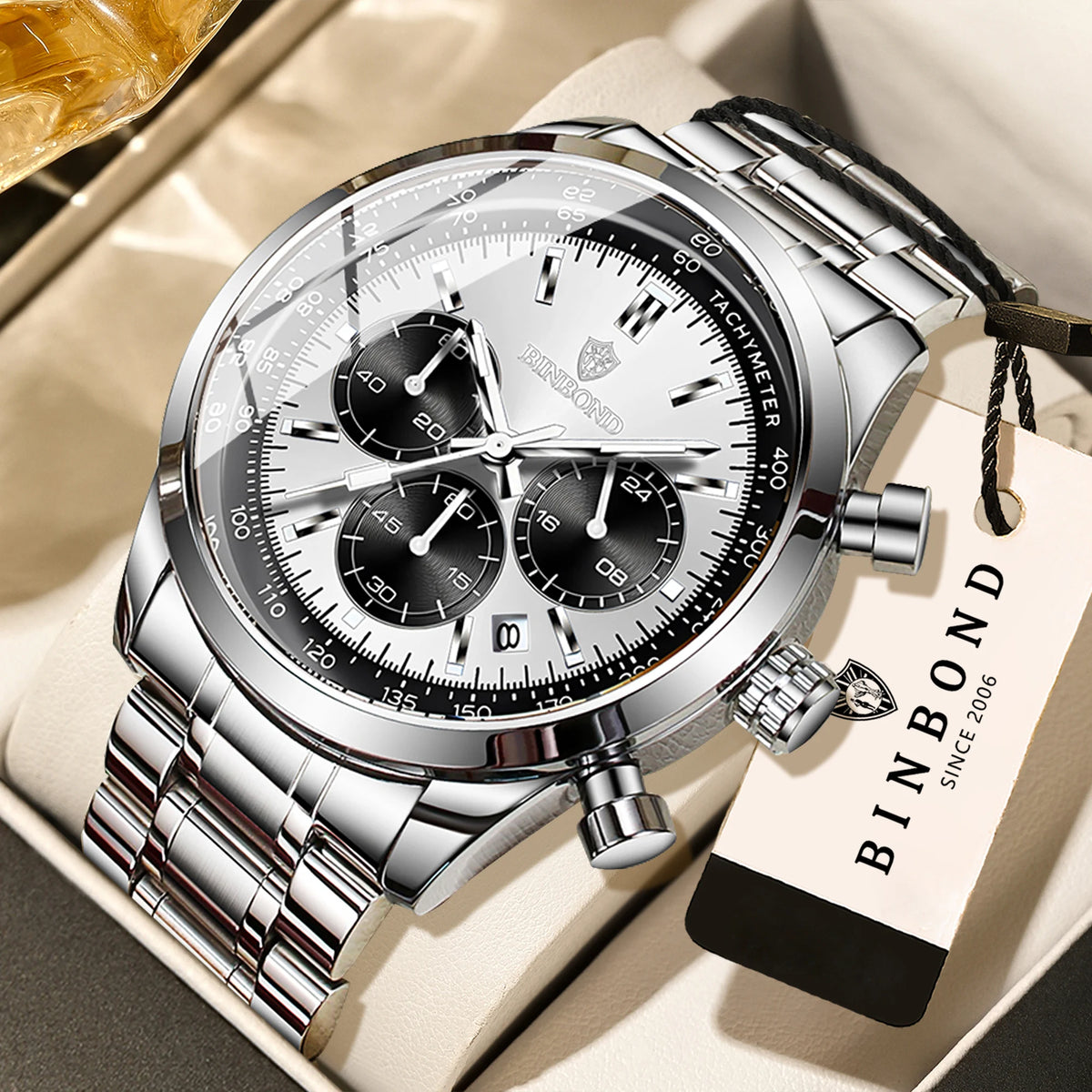 Reloj de cuarzo BINBOND para hombre, elegante, resistente y preciso, con fecha automática, cronógrafo, luminiscente y hermético. Estilo informal.