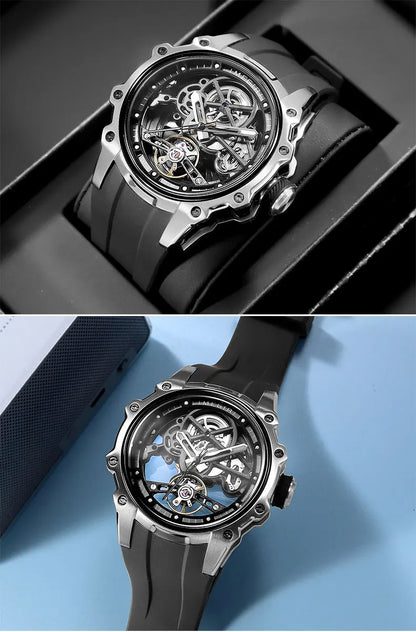 MEGIR Skeleton Dial Automatic Mechanical Watch Men Stainless Steel Case Waterproof Luminous Sport Wristwatch with Silicone Strap