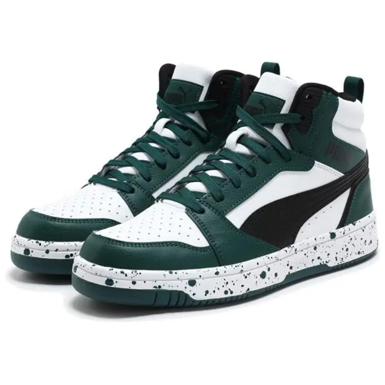 Baskets basses Puma Rebound V6, modèle rétro, couleur blanc et vert, 400849-01.