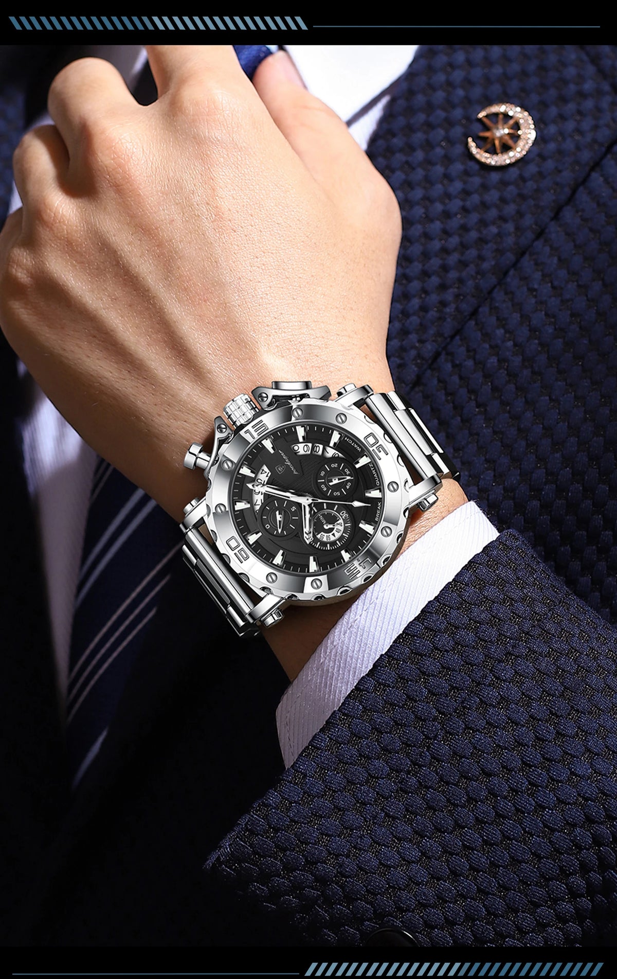Luxusné pánske hodinky POEDAGAR, svietiace, vodotesné, chronograf, dátum, nerezová oceľ, quartz, Reloj