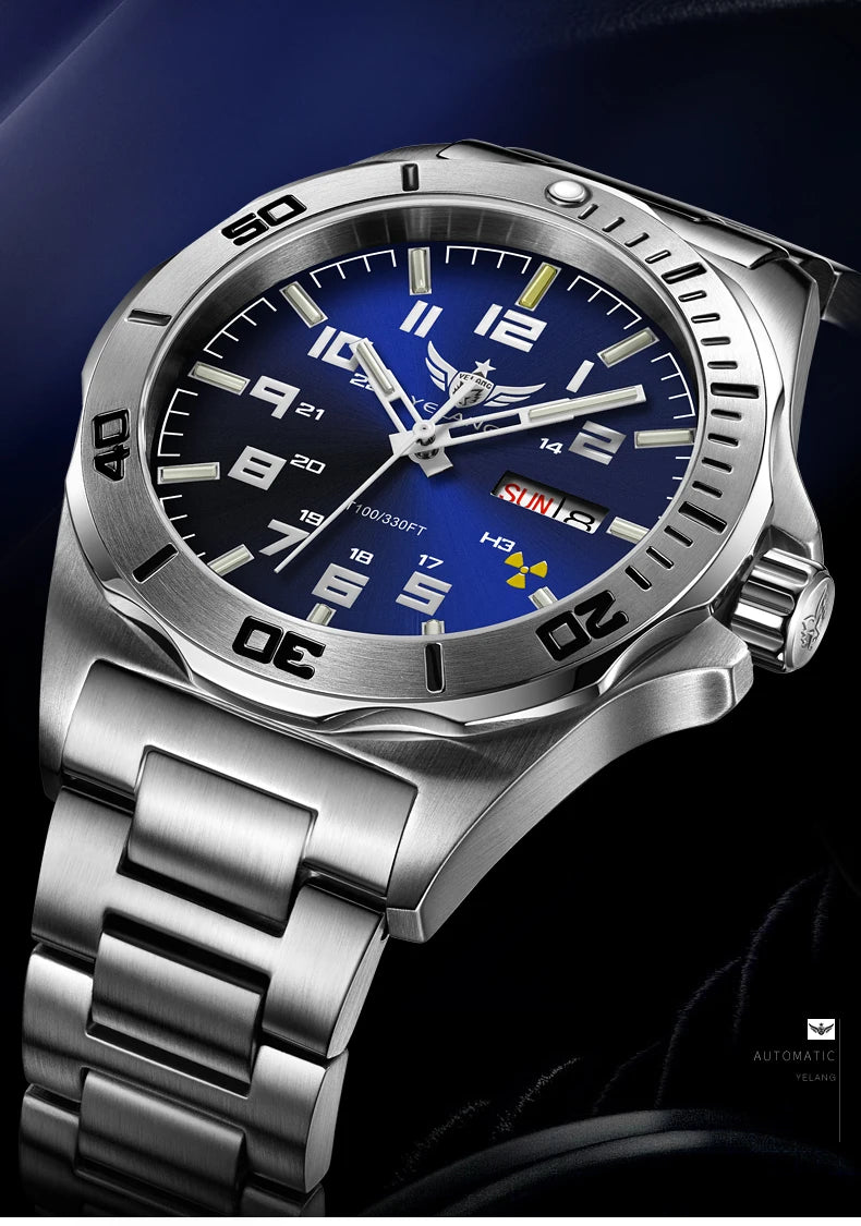 YELANG V1019 Men's Luminous Watch 44mm Mechanical Sapphire Miyota 8205 Automatic Movement 100m Waterproof Diver's Watch for Men