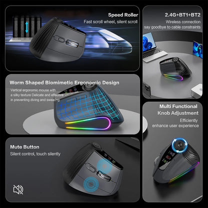 Backlit Wireless Ergonomic Mouse with Smart Flying Scroll, Function Adjustment Knob, Bluetooth & 2.4G Rechargeable Gaming Mouse