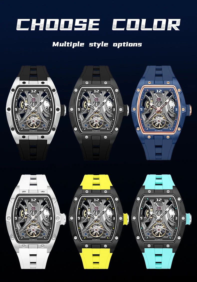MEGIR Sports Style Automatic Mechanical Watch for Men Full Hollow Transparent Dial Design Stainless Steel Case Silicone Strap
