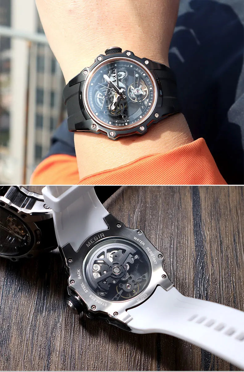 MEGIR Skeleton Dial Automatic Mechanical Watch Men Stainless Steel Case Waterproof Luminous Sport Wristwatch with Silicone Strap