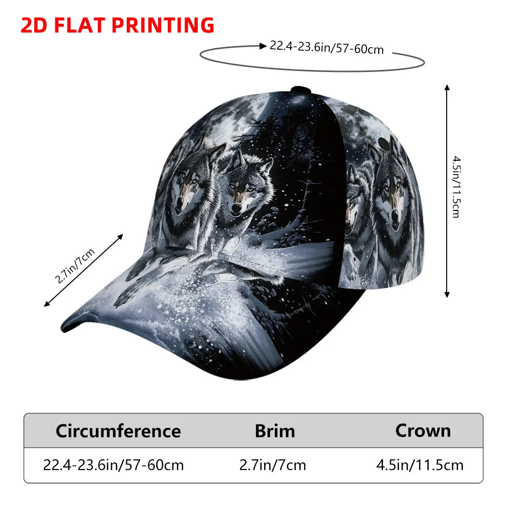 Casquette de baseball classique ornée d’un imprimé plat en 2D représentant des loups sous la pleine lune – casquette légère et ajustable à visière en bec de canard