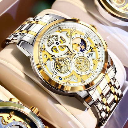 Montre pour homme OLEVS – Modèle de luxe, étanche, à quartz, style squelette, affichage 24 heures (jour/nuit), coloris doré