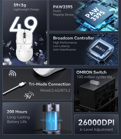 ATTACK SHARK X3/X3PRO 4K/8K trådlös gamingmus, 26K DPI, tri-mode (trådbunden/2.4GHz/BT5.2), lätt, PAW3395-sensor för gamers