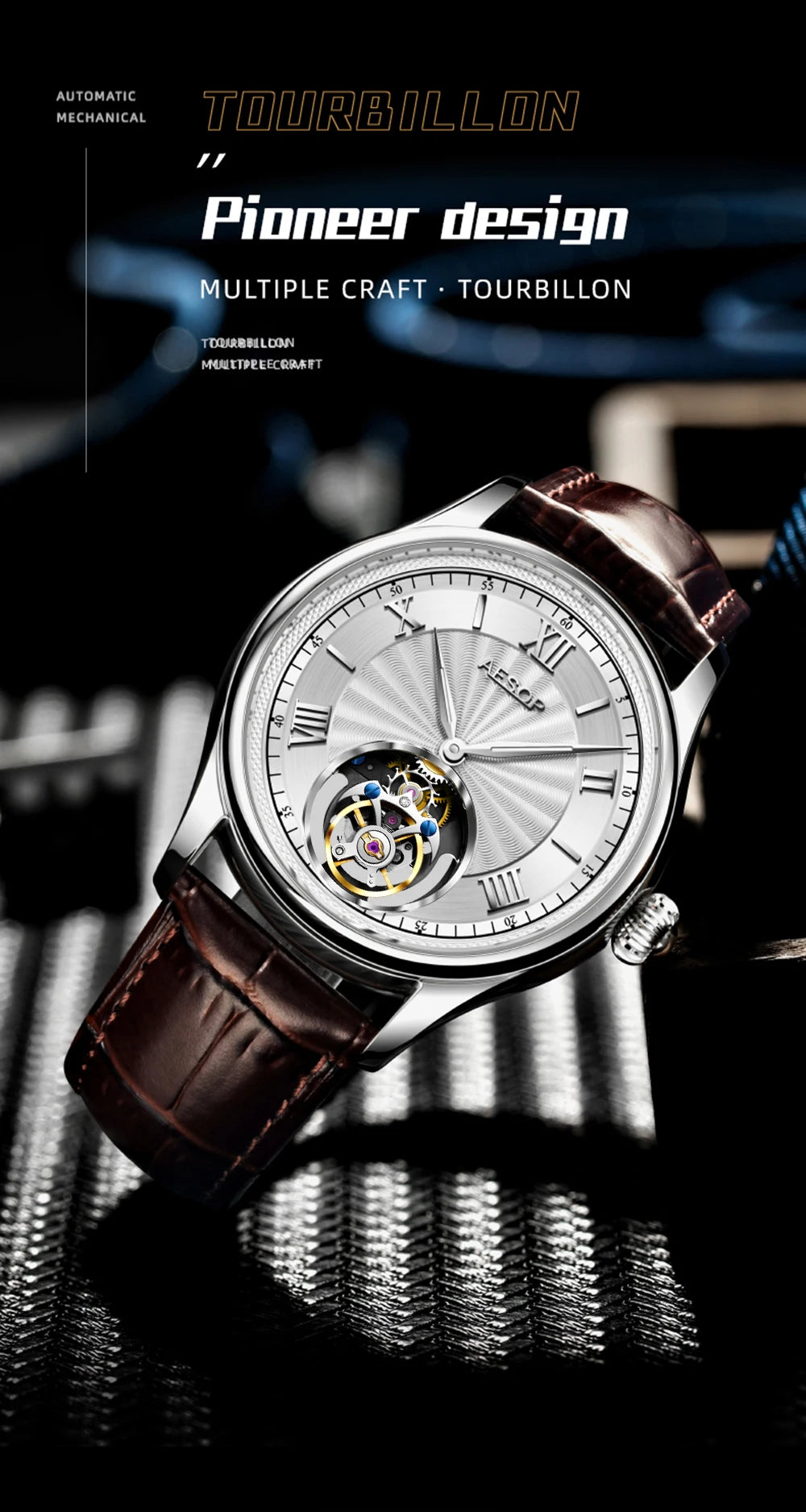 AESOP Mens Mechanical Wristwatches Flying Tourbillon Movement Skeleton Watch for Men Man Luxury Clocks Real Tourbillon Watch