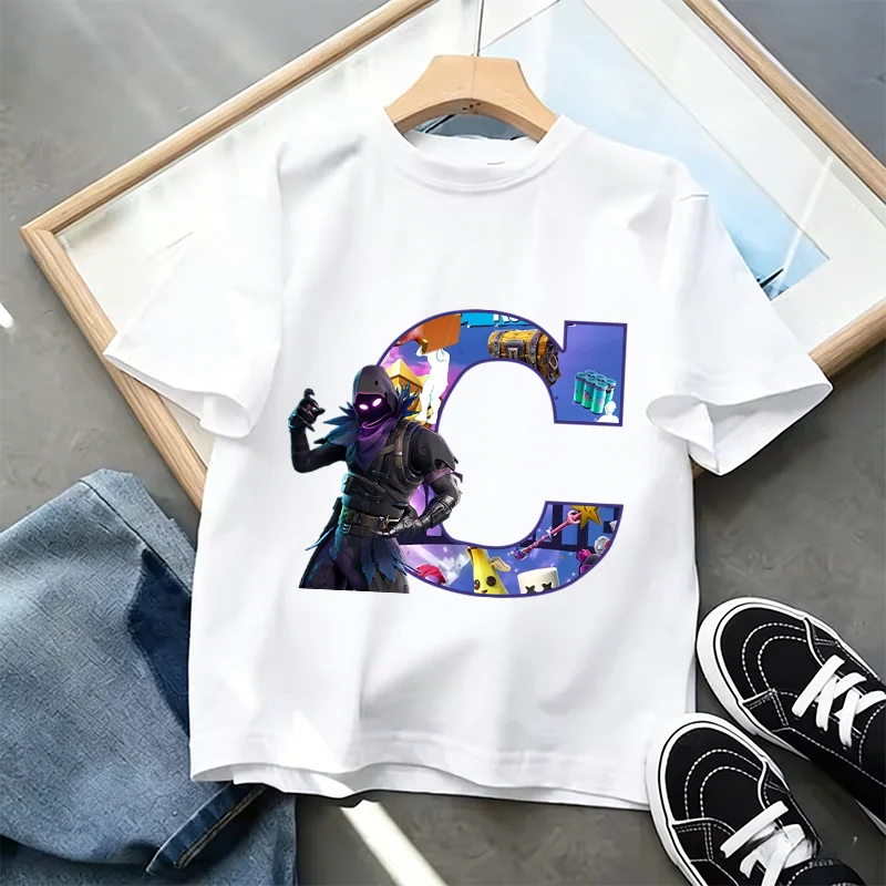 Fortnite A-Z Alphabet Print T-Shirt für Kinder, Sommer, weiß, beliebtes Cartoon-Game-Shirt, modisches Casual-Kurzarmtop, Geschenk