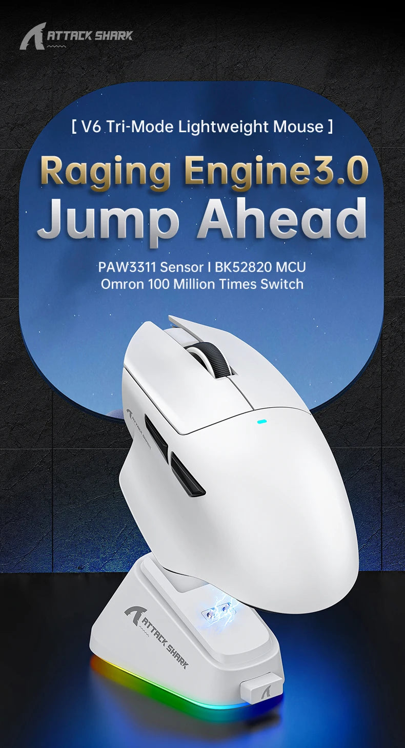 ATTACK SHARK V6 Wireless Gaming Superlight Mouse with RGB Magnetic Charging Dock, PAW3311 Sensor, Macro Gaming Mouse