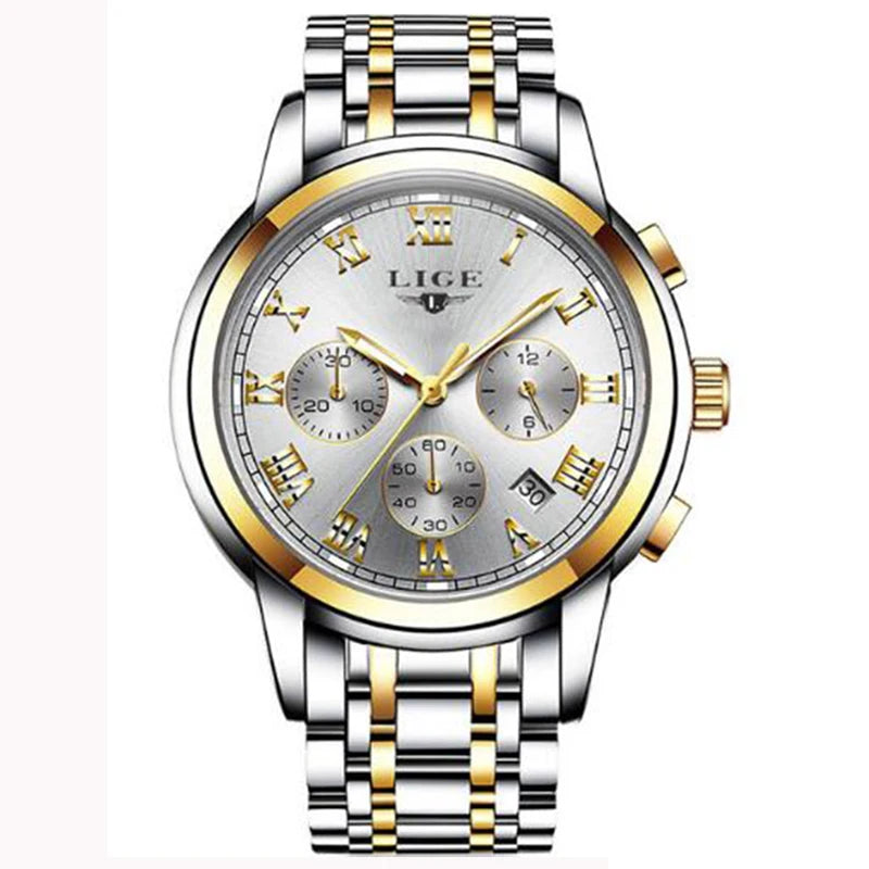 Pánské hodinky LIGE – luxusní chronograf, ležérní sportovní styl, vodotěsné, celokovové, quartzový strojek