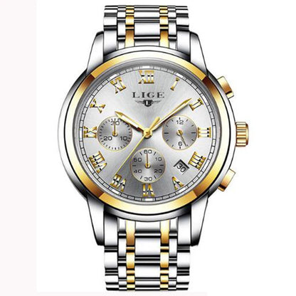 Pánské hodinky LIGE – luxusní chronograf, ležérní sportovní styl, vodotěsné, celokovové, quartzový strojek