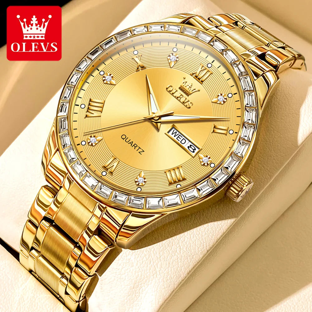 OLEVS 9906 men’s quartz watch, square model set with diamonds, stainless steel strap, water-resistant, with dual calendar; a luxury, original wristwatch, ideal for the workplace.